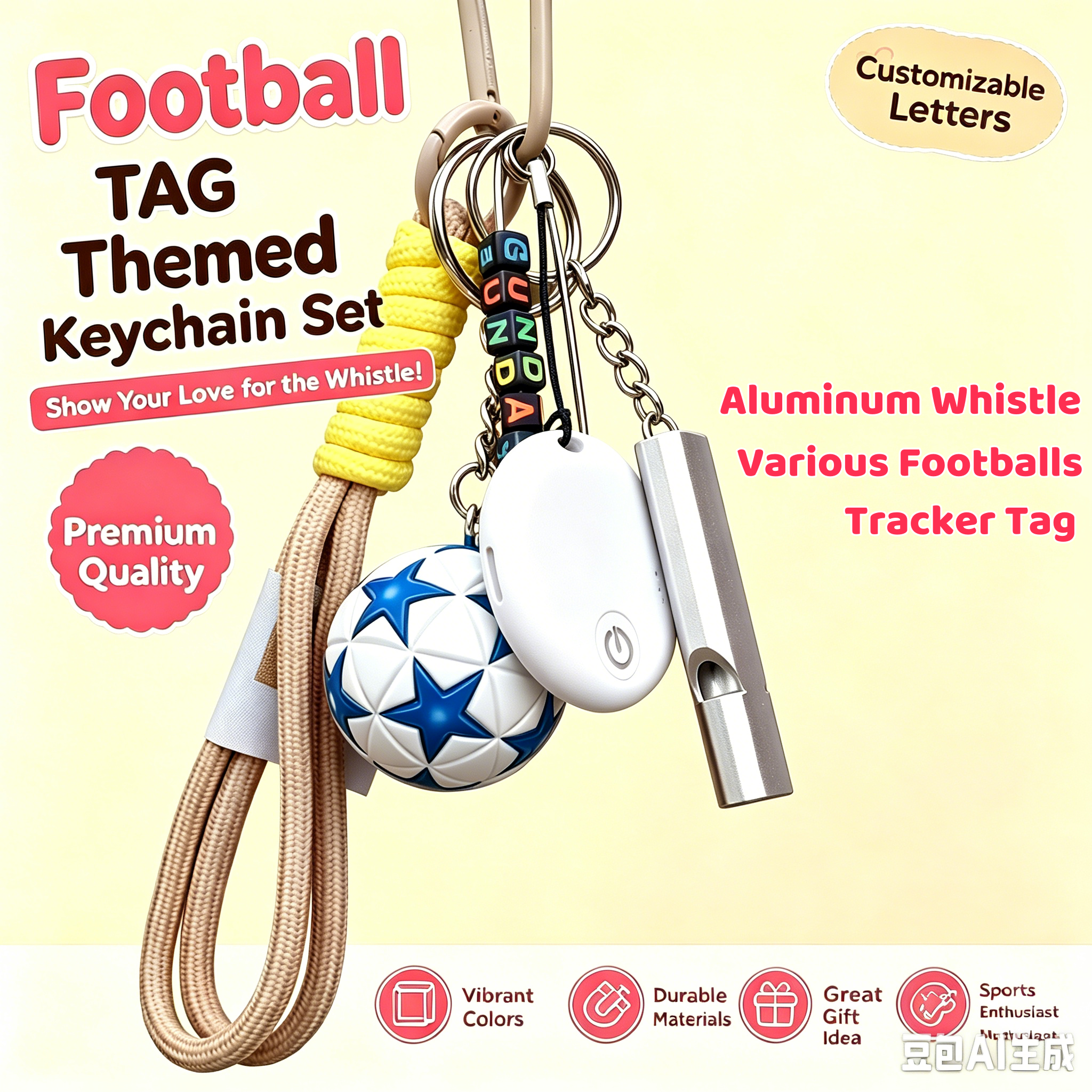 Football Keychain & Backpack Clip: AirTag Holder with Emergency Whistle — A Personalized Sports Gift for Football Fans and Kids