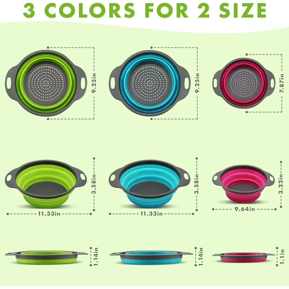 AMAZTEK Collapsible Colander Set of 3 Round Silicone Kitchen Strainer Set - 2 pcs 4 Quart and 1 pcs 2 Quart- Perfect for Draining Pasta, Vegetable and fruit (green,blue, purple)