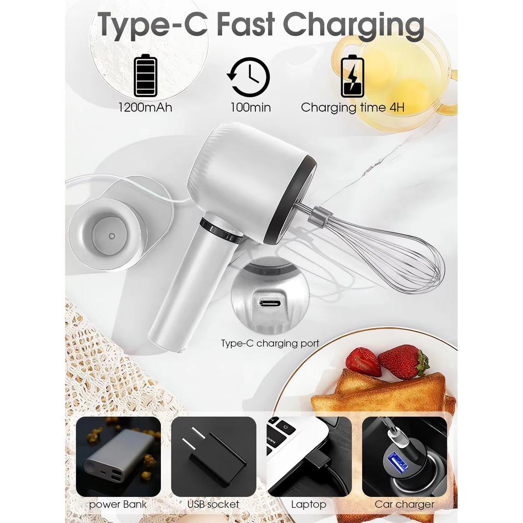 AMAZTEK Cordless Electric Hand Mixer Dual Whisk Hand Mixer, Stainless Steel USB Rechargeable Low Speed Cordless Electric Hand Whisk for Baking Kitchen Whipping Mixing Egg Cake Dough