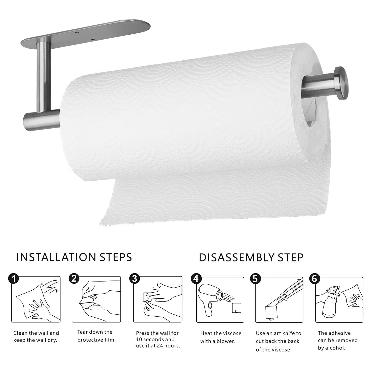 Paper Towel Holders,Paper Towels Rolls - for Kitchen,Paper Towels Bulk- Self-Adhesive Under Cabinet,Both Available in Adhesive and Screws,Stainless Steel Paper Towel Holder