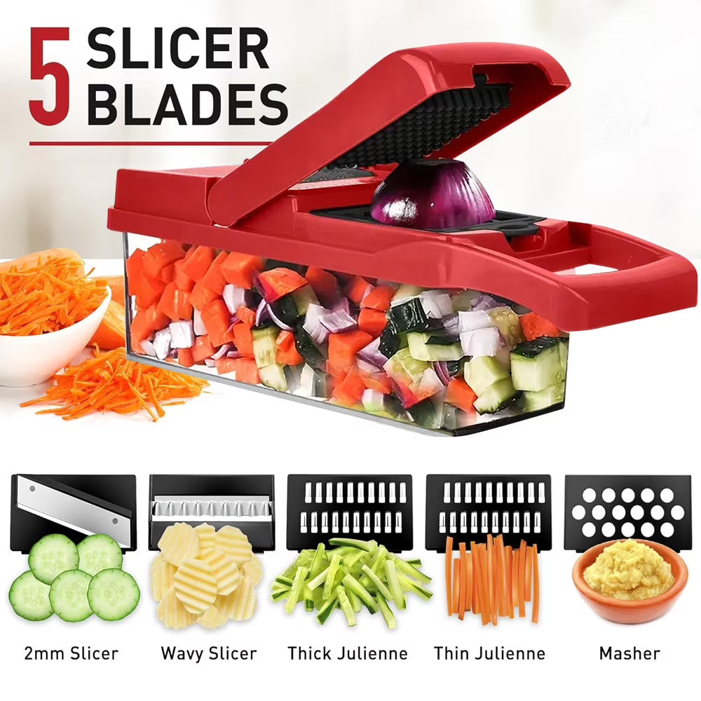 Vegetable Chopper,12-in-1 Multifunctional Food Chopper,Professional Onion Chopper with 7 Blades,Vegetable Cutter with Container for Salad,Potato,Carrot,and Garlic; Essential Kitchen Tool(Red)
