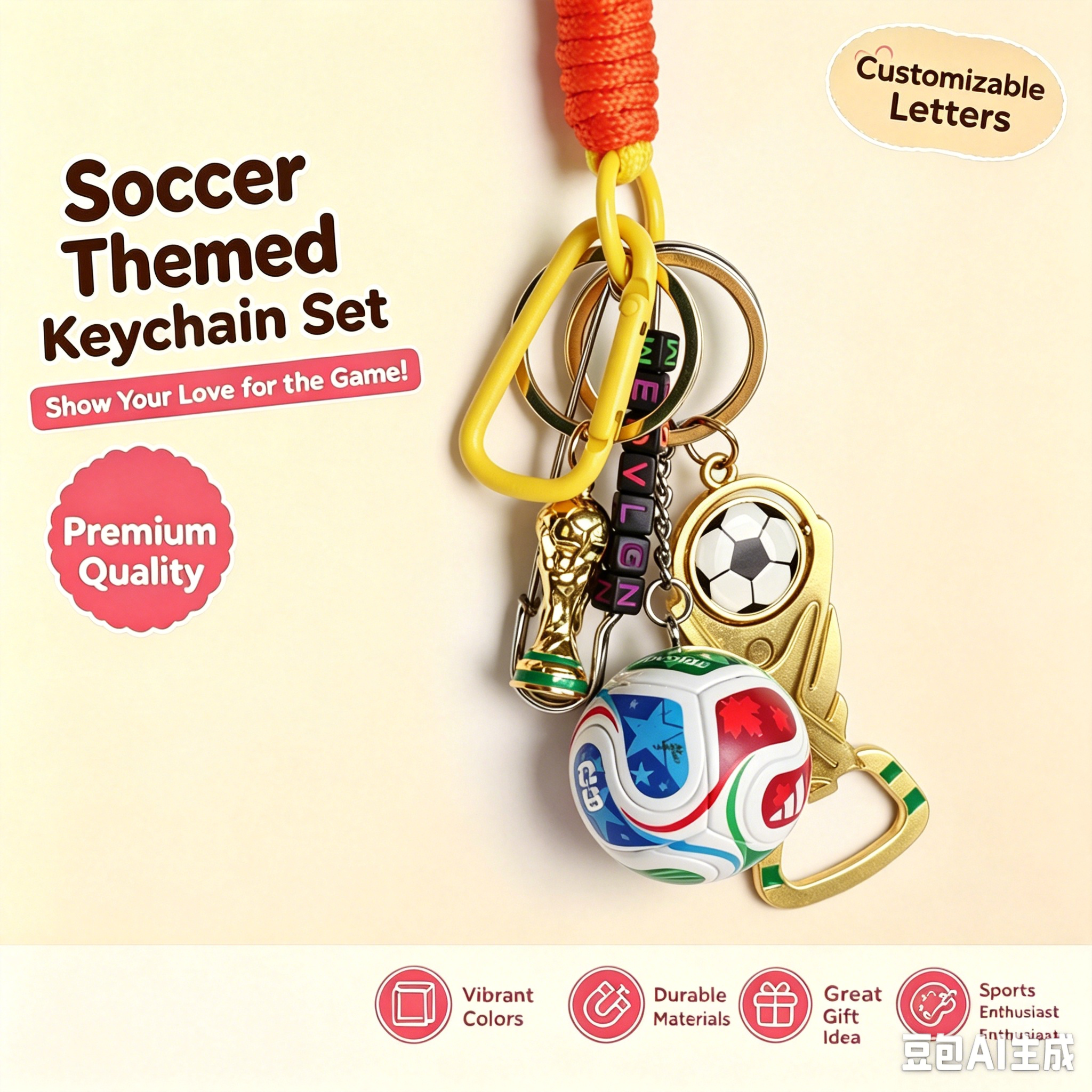 World cup Soccer Ball Keychain with Wrist Lanyard, Mini Football Key Ring, Sports Bag Charm, Soccer Mom Gift, Team Spirit Accessory
