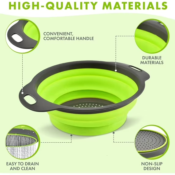 AMAZTEK Collapsible Colander Set of 3 Round Silicone Kitchen Strainer Set - 2 pcs 4 Quart and 1 pcs 2 Quart- Perfect for Draining Pasta, Vegetable and fruit (green,blue, purple)