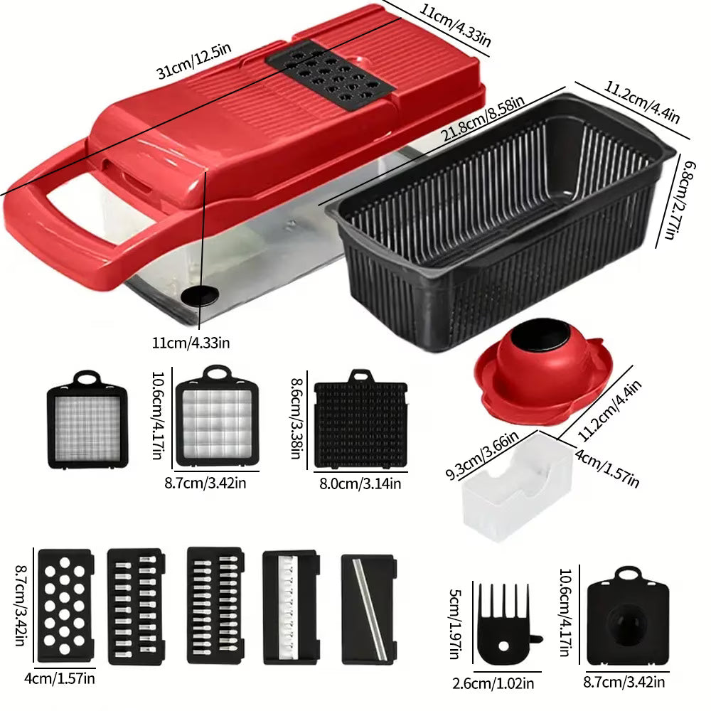 Vegetable Chopper,12-in-1 Multifunctional Food Chopper,Professional Onion Chopper with 7 Blades,Vegetable Cutter with Container for Salad,Potato,Carrot,and Garlic; Essential Kitchen Tool(Red)