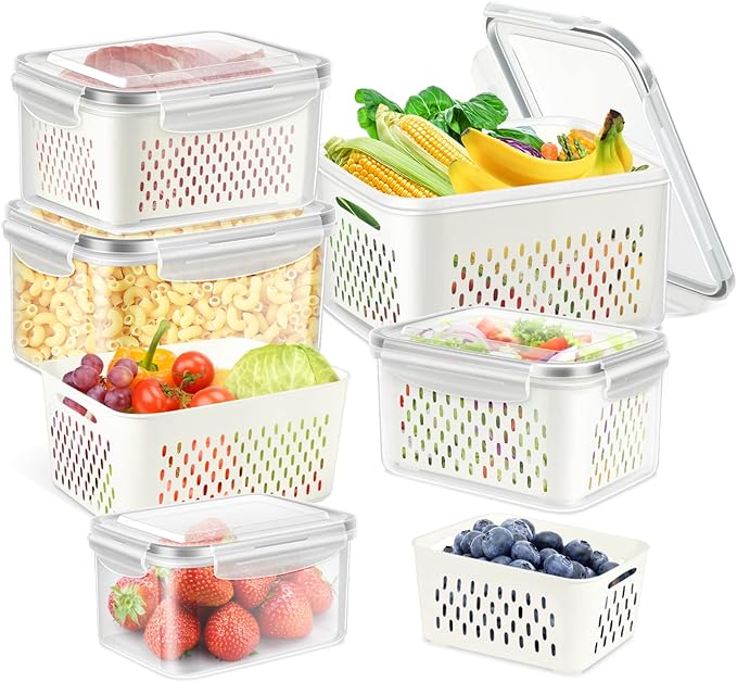 AMAZTEK Large Fruit Containers for Fridge, 5 PCS Leakproof Food Storage Containers with Removable Colander, Airtight Storage Container to Keep Berry Fruit Fresh, Dishwasher & microwave safe