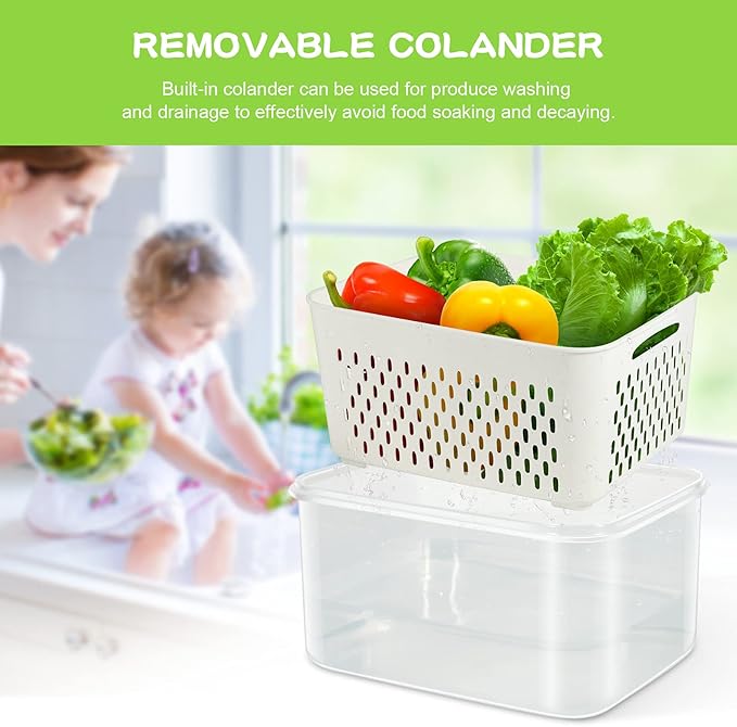 AMAZTEK Large Fruit Containers for Fridge, 5 PCS Leakproof Food Storage Containers with Removable Colander, Airtight Storage Container to Keep Berry Fruit Fresh, Dishwasher & microwave safe