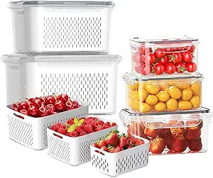 AMAZTEK Large Fruit Containers for Fridge, 5 PCS Leakproof Food Storage Containers with Removable Colander, Airtight Storage Container to Keep Berry Fruit Fresh, Dishwasher & microwave safe