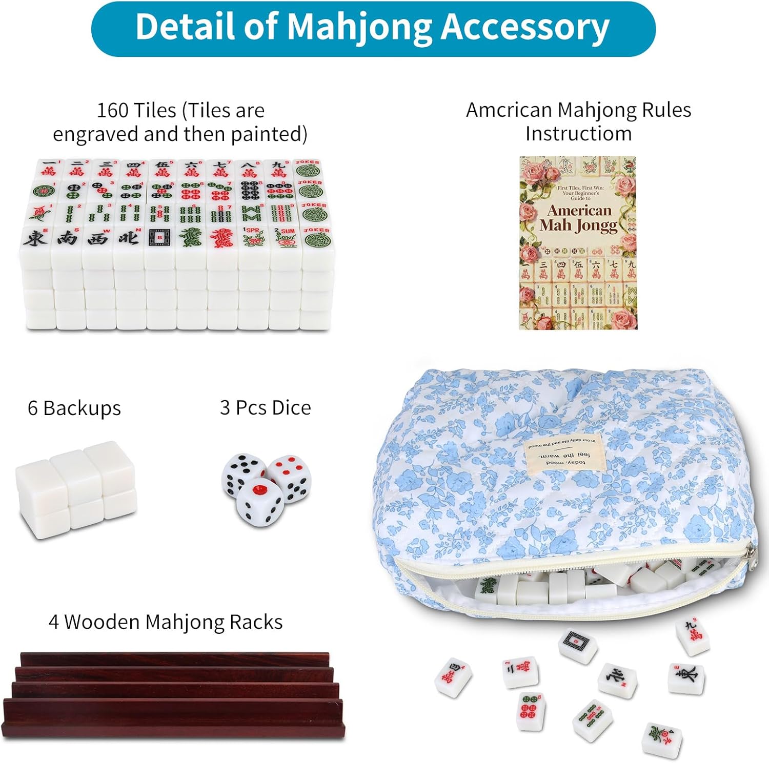 LSWOVE Portable American Mahjong Set, 166 Mahjong Tiles with Carrying Bag, 3 Dice, 40 Chips, Wind Indicator, Instruction Book, Compact Travel Game Set