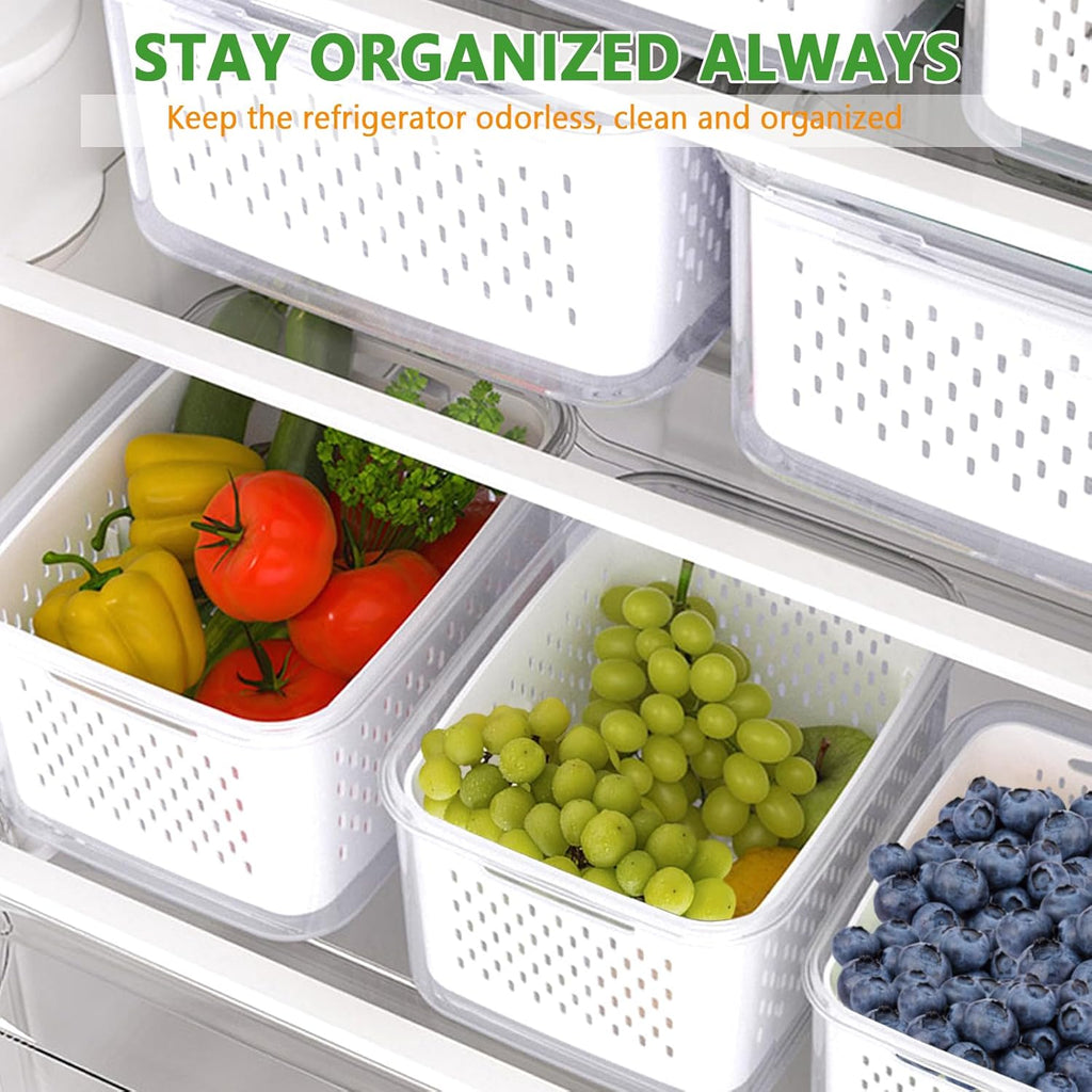 AMAZTEK Large Fruit Containers for Fridge, 5 PCS Leakproof Food Storage Containers with Removable Colander, Airtight Storage Container to Keep Berry Fruit Fresh, Dishwasher & microwave safe