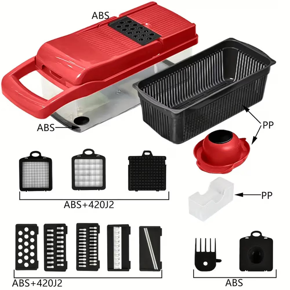 Vegetable Chopper,12-in-1 Multifunctional Food Chopper,Professional Onion Chopper with 7 Blades,Vegetable Cutter with Container for Salad,Potato,Carrot,and Garlic; Essential Kitchen Tool(Red)