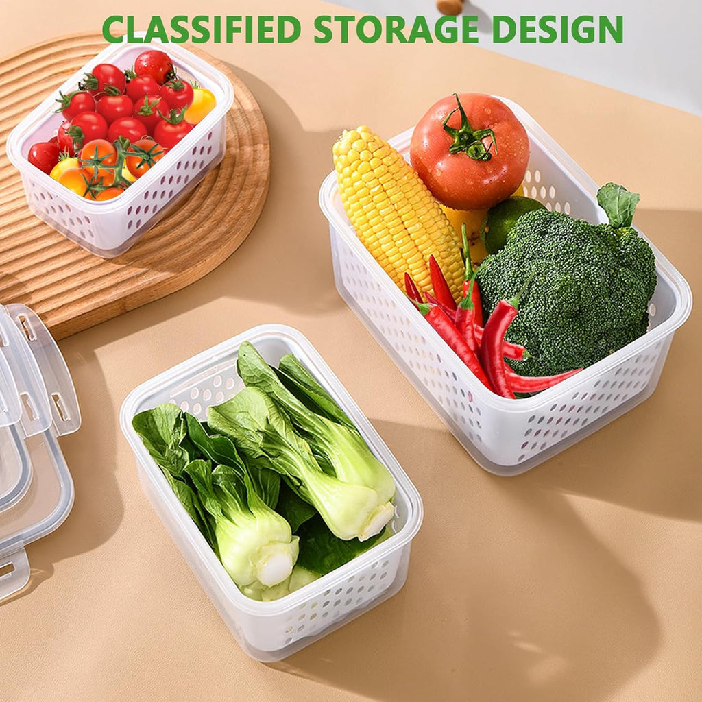 AMAZTEK Large Fruit Containers for Fridge, 5 PCS Leakproof Food Storage Containers with Removable Colander, Airtight Storage Container to Keep Berry Fruit Fresh, Dishwasher & microwave safe