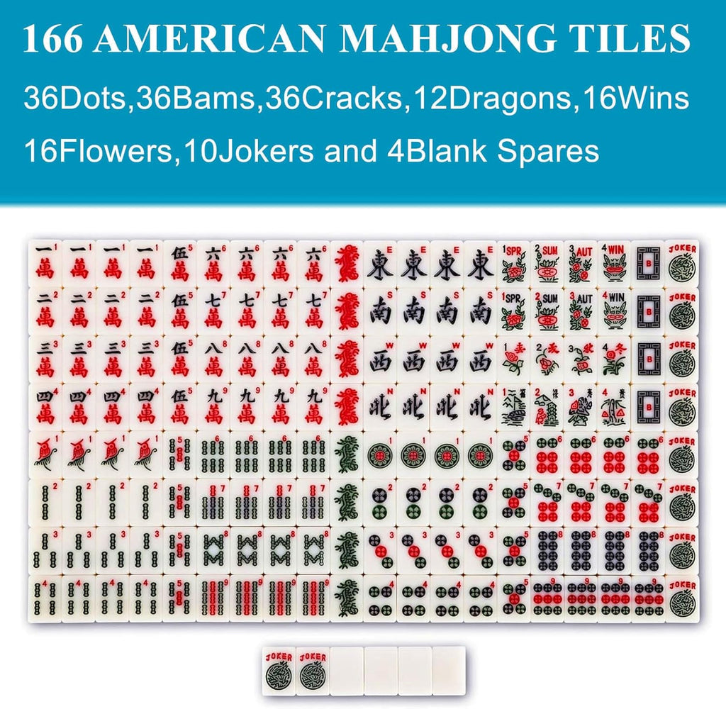 LSWOVE Portable American Mahjong Set, 166 Mahjong Tiles with Carrying Bag, 3 Dice, 40 Chips, Wind Indicator, Instruction Book, Compact Travel Game Set