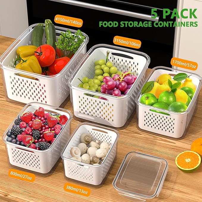 AMAZTEK Large Fruit Containers for Fridge, 5 PCS Leakproof Food Storage Containers with Removable Colander, Airtight Storage Container to Keep Berry Fruit Fresh, Dishwasher & microwave safe