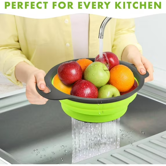 AMAZTEK Collapsible Colander Set of 3 Round Silicone Kitchen Strainer Set - 2 pcs 4 Quart and 1 pcs 2 Quart- Perfect for Draining Pasta, Vegetable and fruit (green,blue, purple)