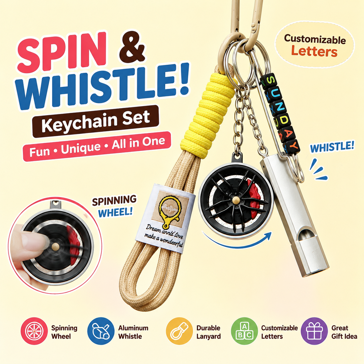 Spinning Wheel Keychain with Whistle – Custom Letters, Sports Fidget, Football Backpack Charm, Fun Gift for Teens & Adults
