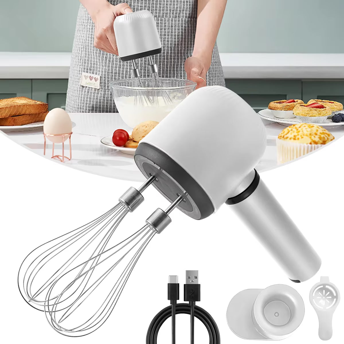 AMAZTEK Cordless Electric Hand Mixer Dual Whisk Hand Mixer, Stainless Steel USB Rechargeable Low Speed Cordless Electric Hand Whisk for Baking Kitchen Whipping Mixing Egg Cake Dough