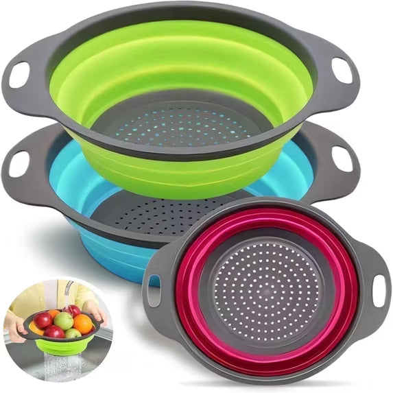 AMAZTEK Collapsible Colander Set of 3 Round Silicone Kitchen Strainer Set - 2 pcs 4 Quart and 1 pcs 2 Quart- Perfect for Draining Pasta, Vegetable and fruit (green,blue, purple)