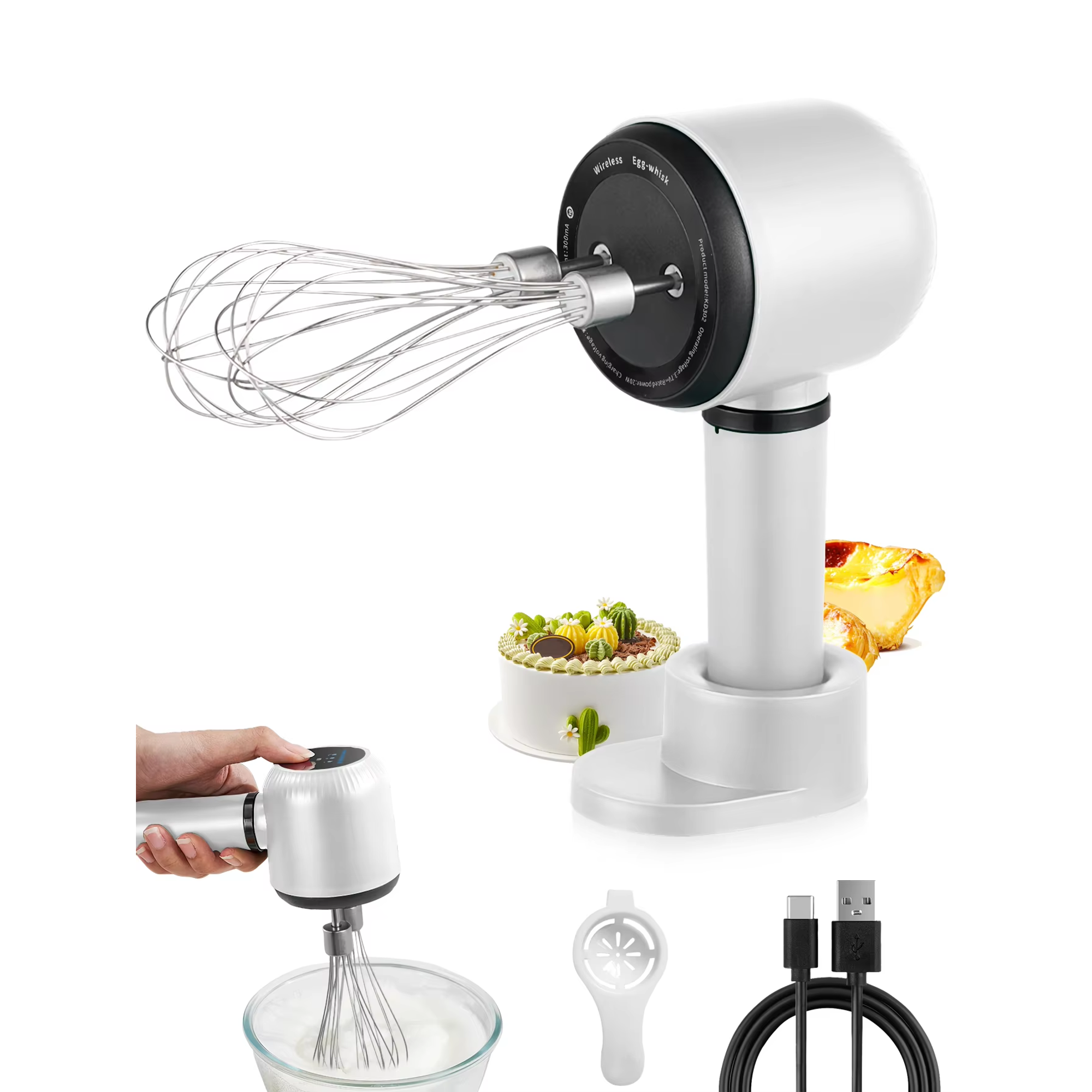 AMAZTEK Cordless Electric Hand Mixer Dual Whisk Hand Mixer, Stainless Steel USB Rechargeable Low Speed Cordless Electric Hand Whisk for Baking Kitchen Whipping Mixing Egg Cake Dough