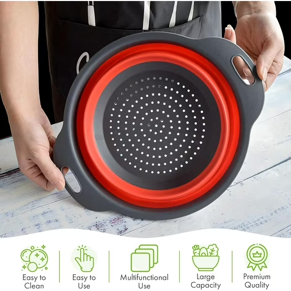 AMAZTEK Collapsible Colander Set of 3 Round Silicone Kitchen Strainer Set - 2 pcs 4 Quart and 1 pcs 2 Quart- Perfect for Draining Pasta, Vegetable and fruit (green,blue, purple)