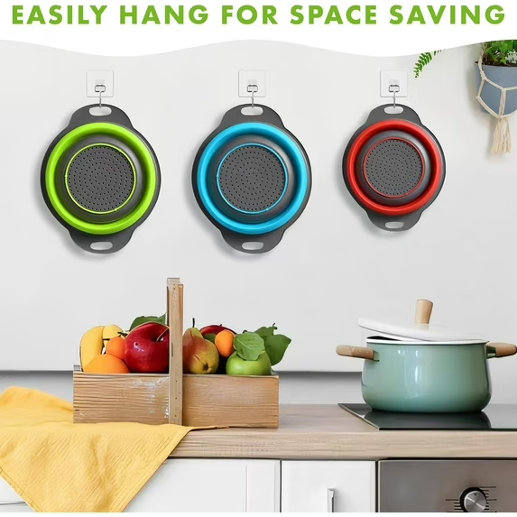 AMAZTEK Collapsible Colander Set of 3 Round Silicone Kitchen Strainer Set - 2 pcs 4 Quart and 1 pcs 2 Quart- Perfect for Draining Pasta, Vegetable and fruit (green,blue, purple)