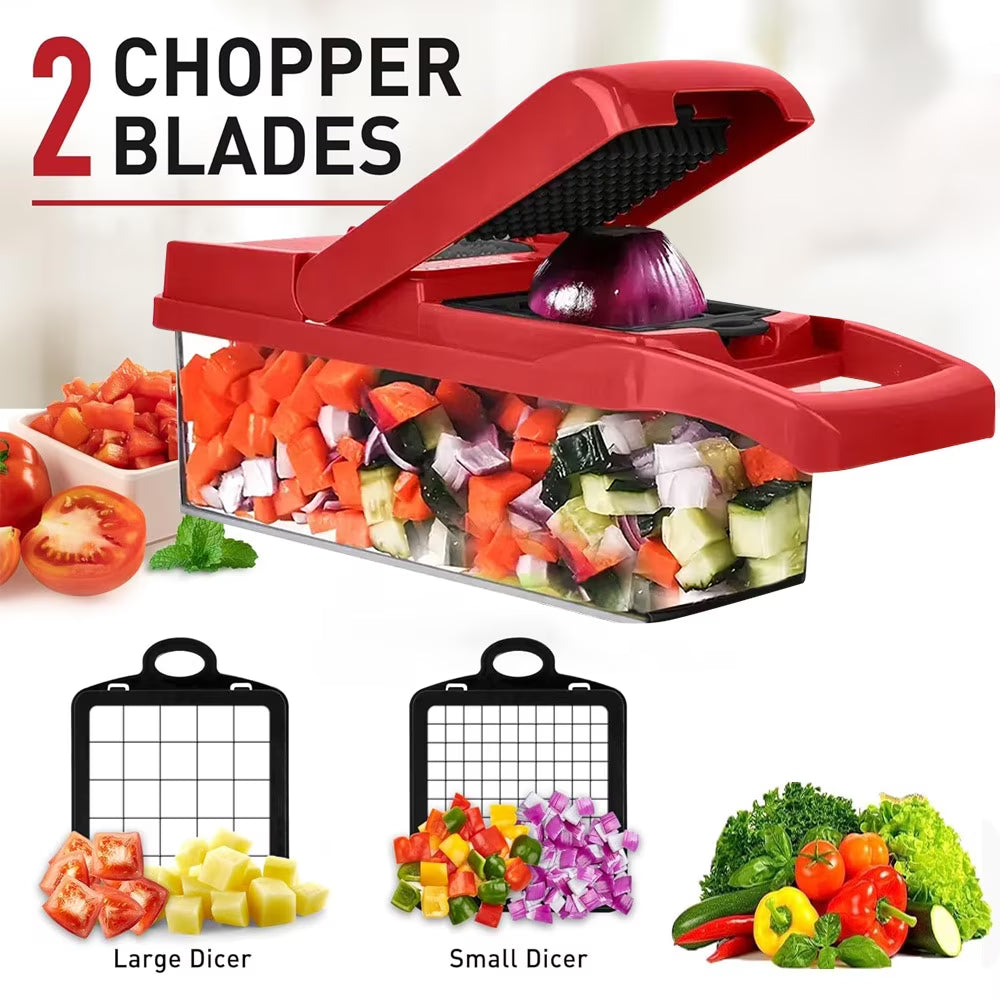 Vegetable Chopper,12-in-1 Multifunctional Food Chopper,Professional Onion Chopper with 7 Blades,Vegetable Cutter with Container for Salad,Potato,Carrot,and Garlic; Essential Kitchen Tool(Red)