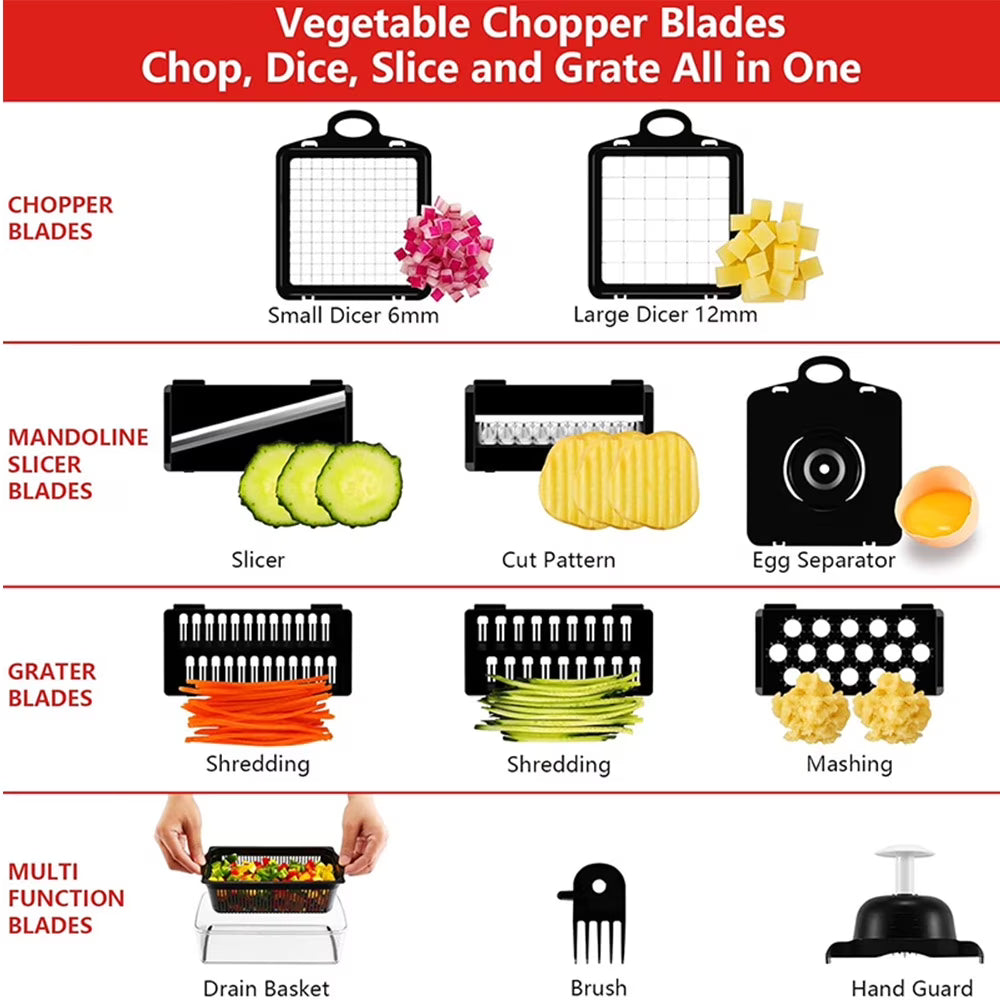 Vegetable Chopper,12-in-1 Multifunctional Food Chopper,Professional Onion Chopper with 7 Blades,Vegetable Cutter with Container for Salad,Potato,Carrot,and Garlic; Essential Kitchen Tool(Red)